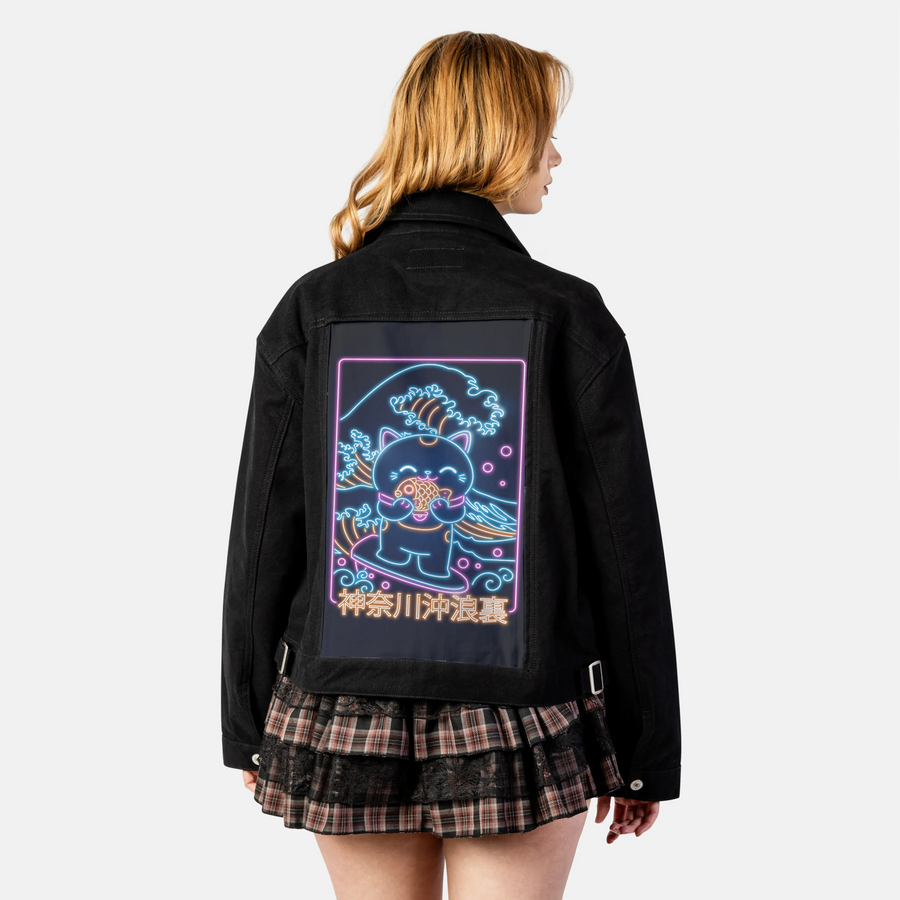 neonretronekosurfing patch on female atelier canvas jacket in nightfall