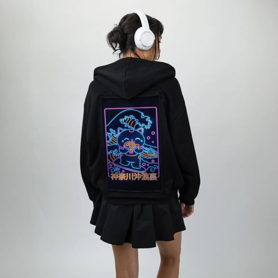 neonretronekosurfing patch on female essential zip hoodie in after hours