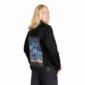 neonretronekosurfing patch on female og denim jacket in raven