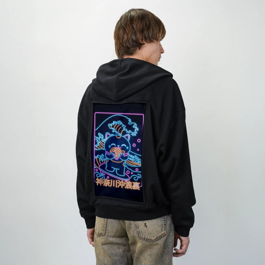neonretronekosurfing patch on male essential zip hoodie in after hours