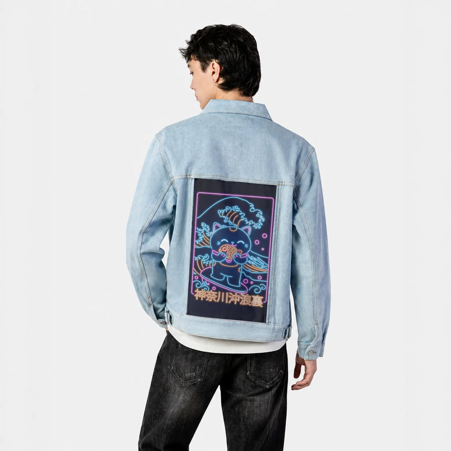 neonretronekosurfing patch on male og denim jacket in oceanside