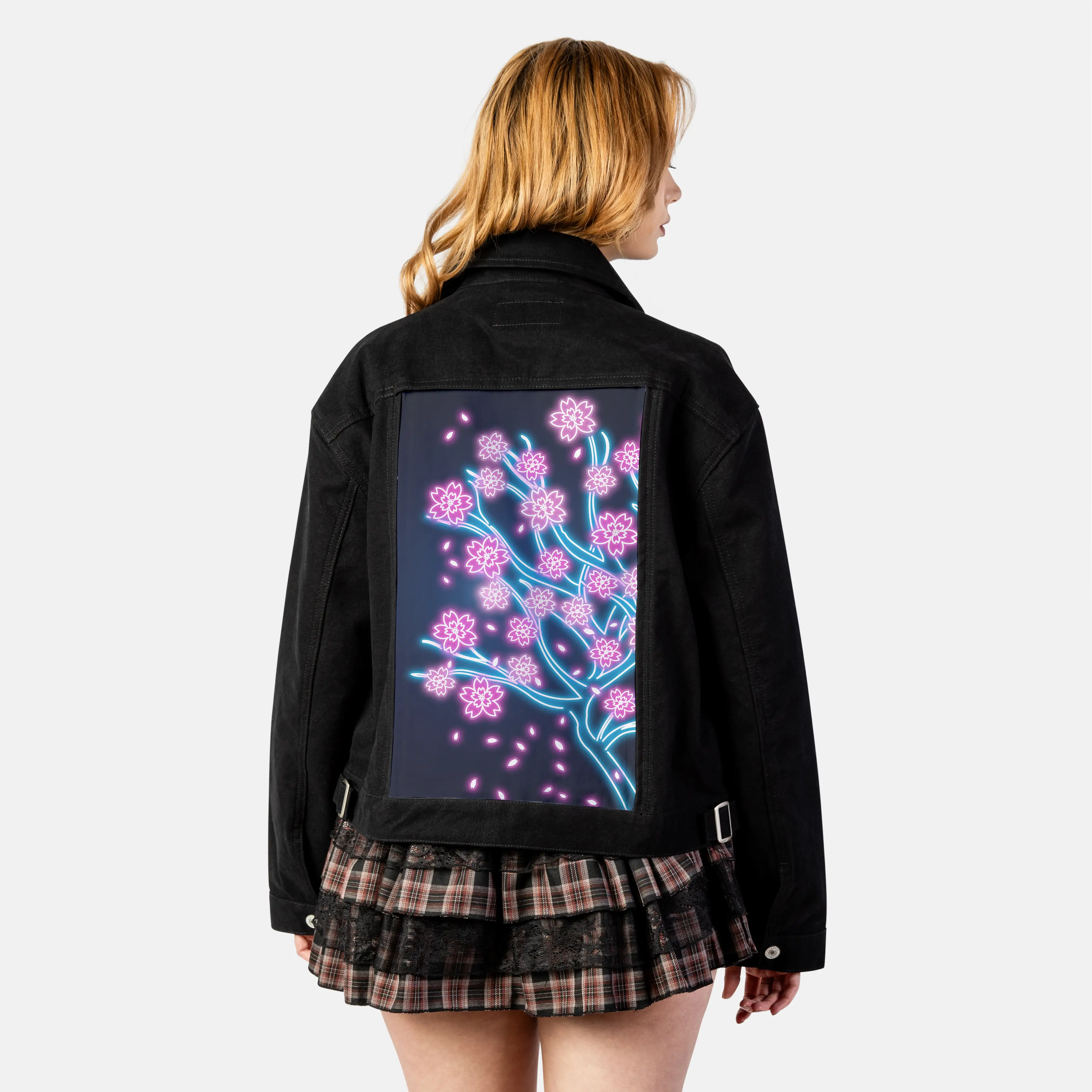 neonretrosakura patch on female atelier canvas jacket in nightfall