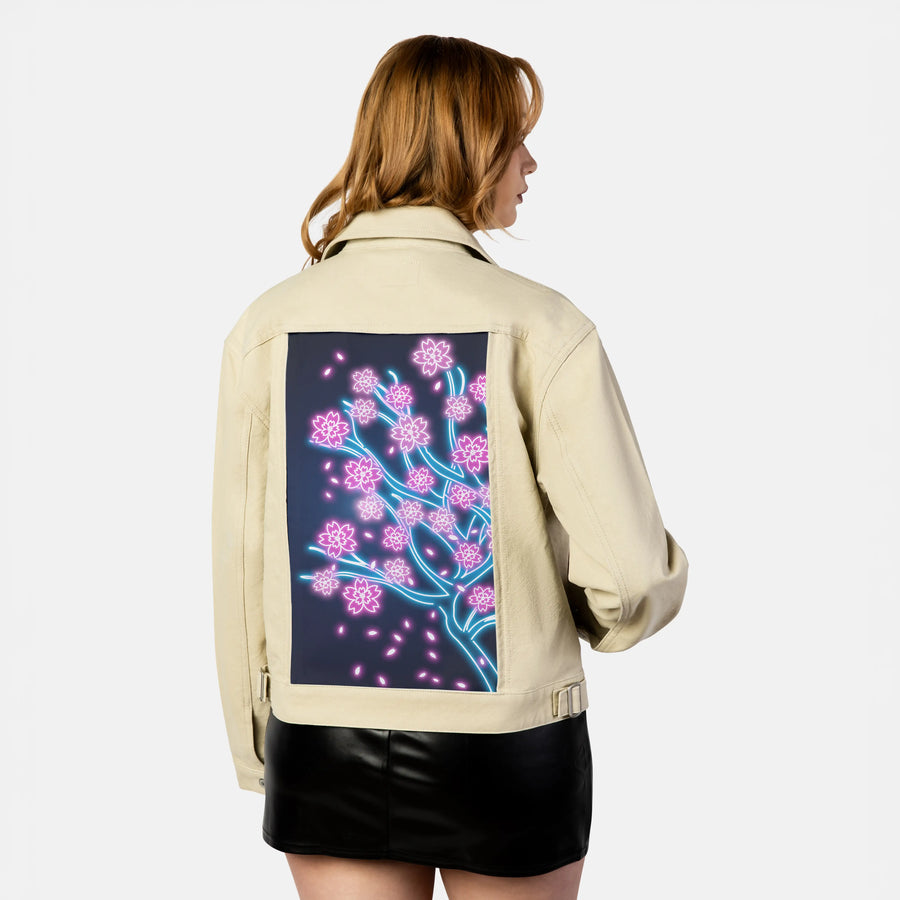 neonretrosakura patch on female atelier canvas jacket in tan