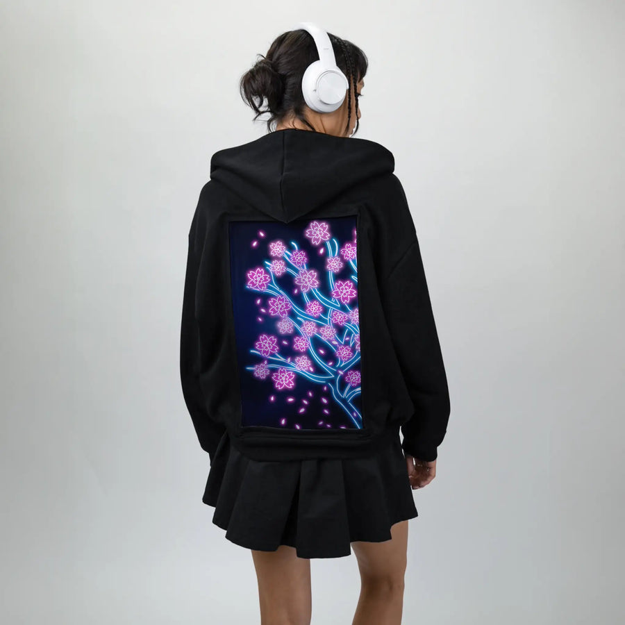 neonretrosakura patch on female essential zip hoodie in after hours