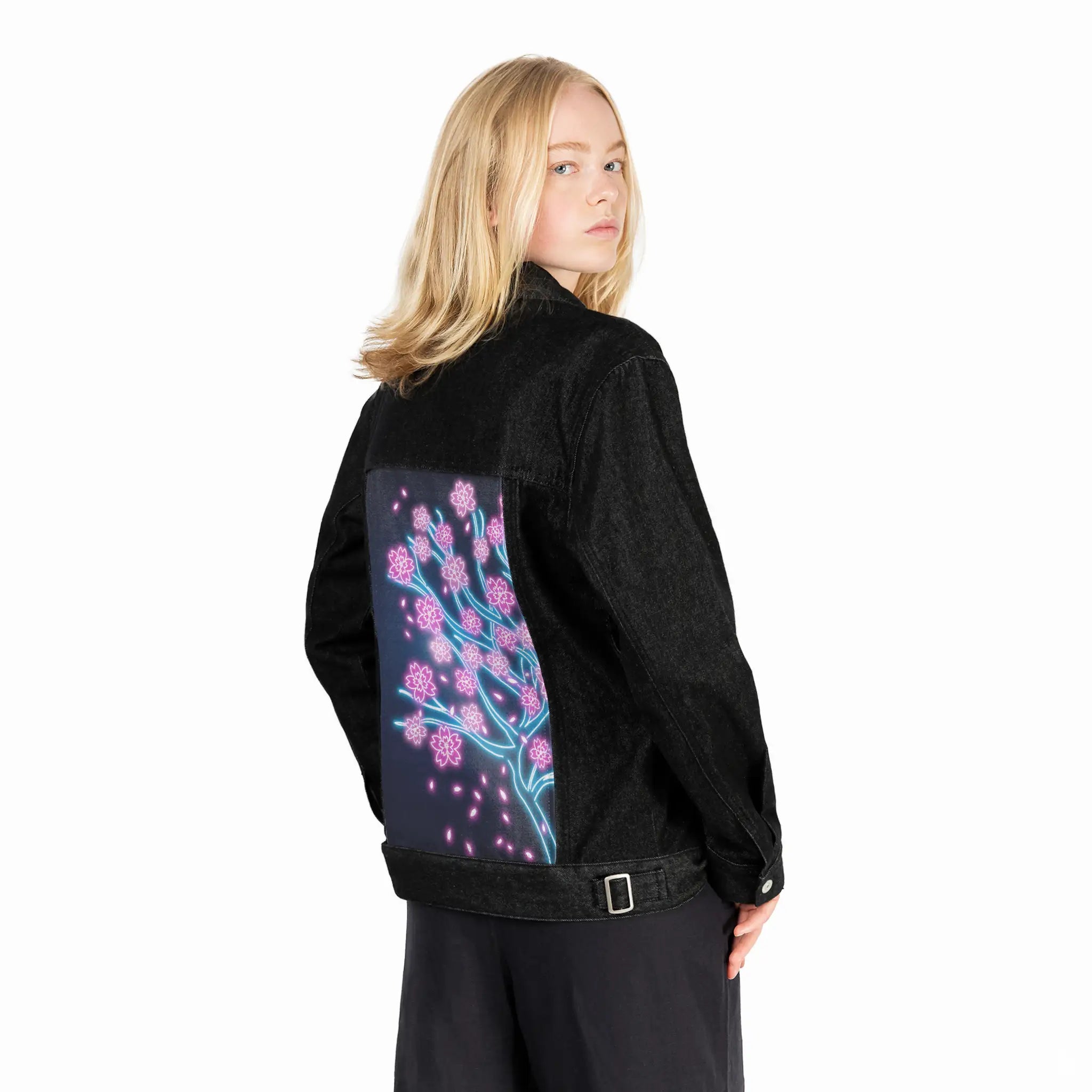 neonretrosakura patch on female og denim jacket in raven