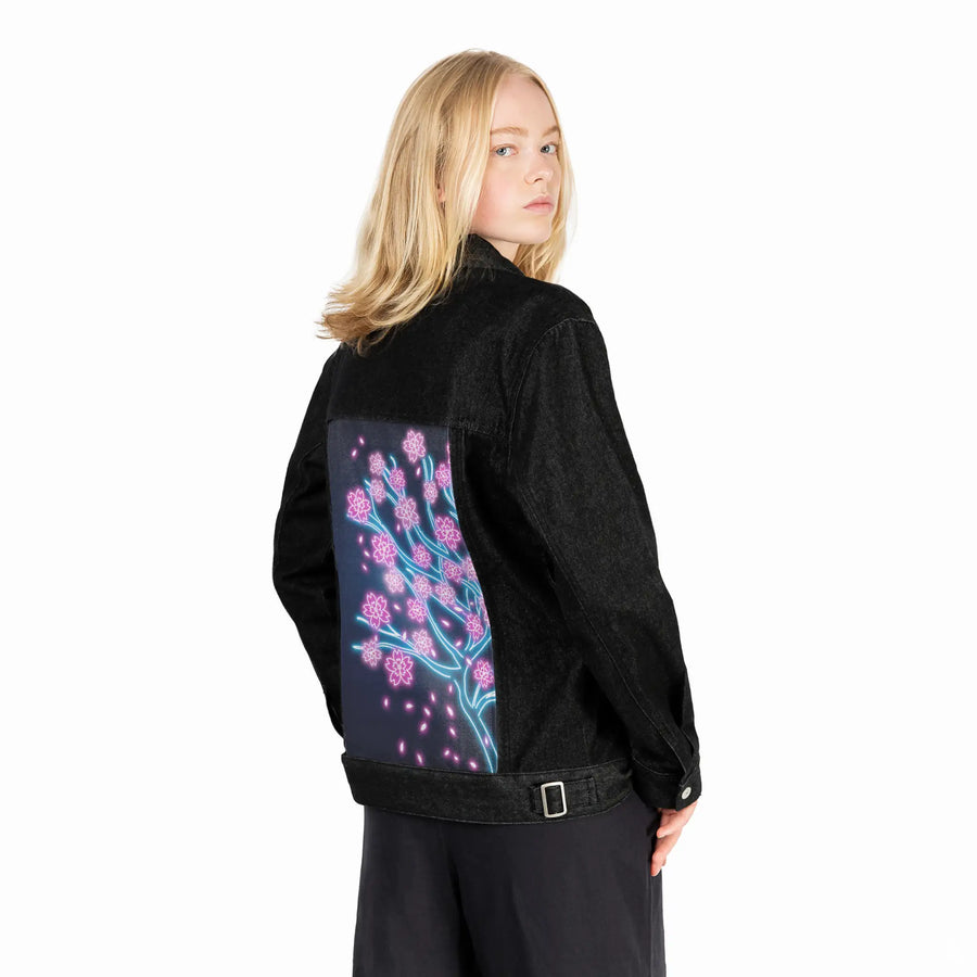 neonretrosakura patch on female og denim jacket in raven