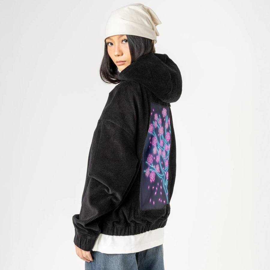 neonretrosakura patch on female retro cord hoodie in onyx