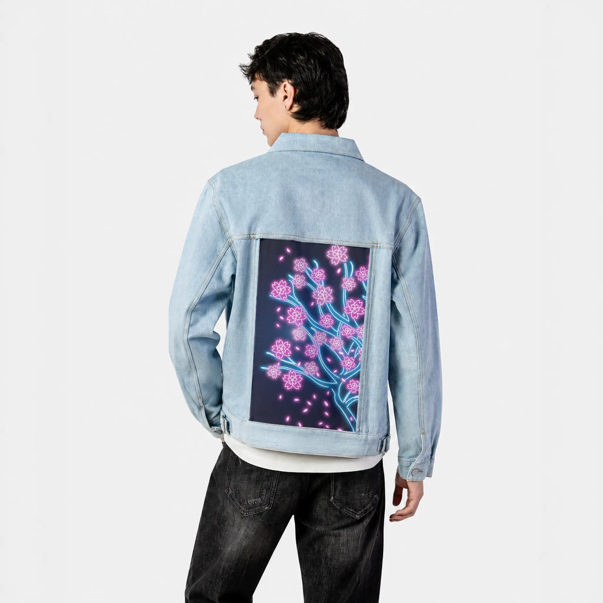 neonretrosakura patch on male og denim jacket in oceanside