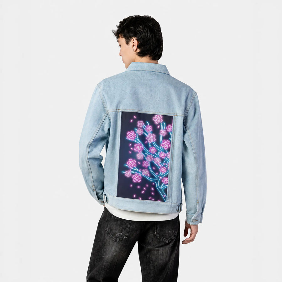 neonretrosakura patch on male og denim jacket in oceanside