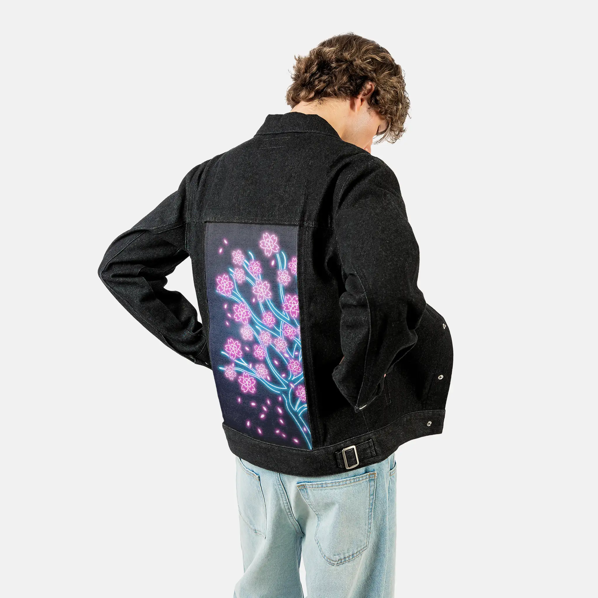 neonretrosakura patch on male og denim jacket in raven