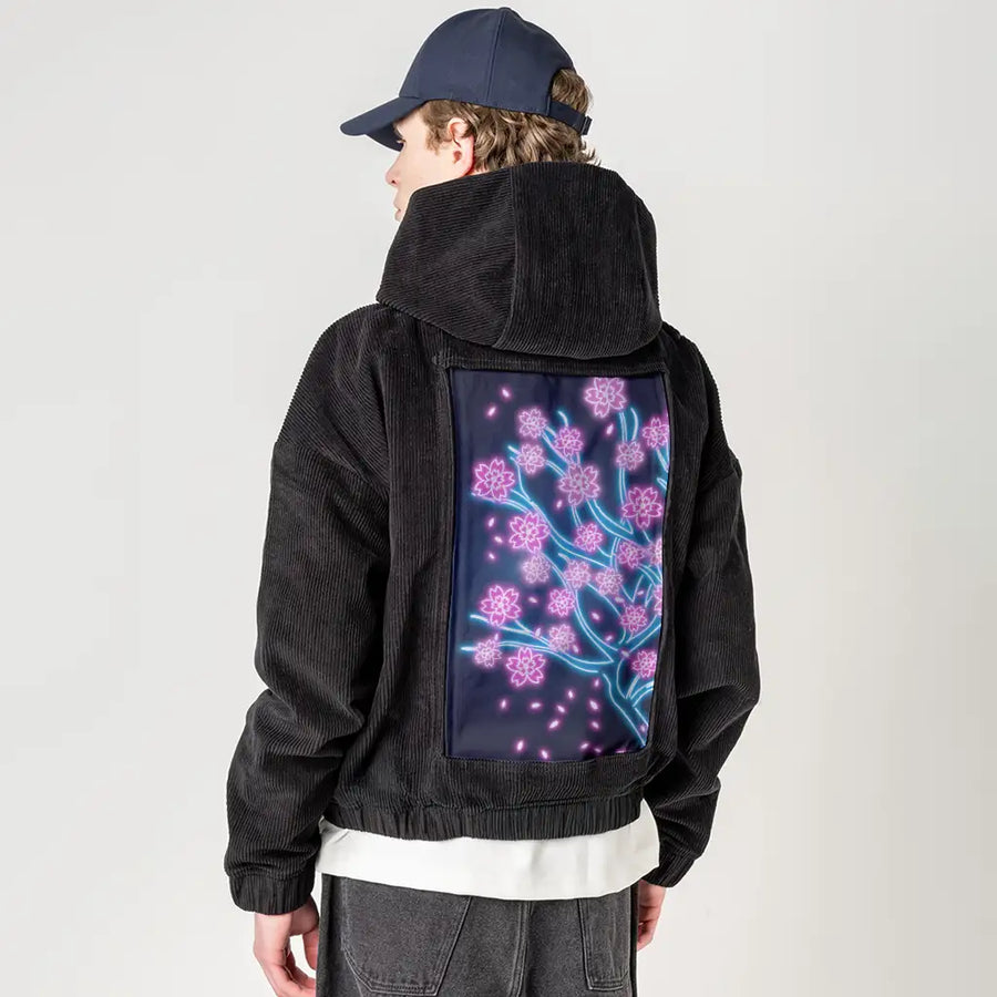neonretrosakura patch on male retro cord hoodie in onyx