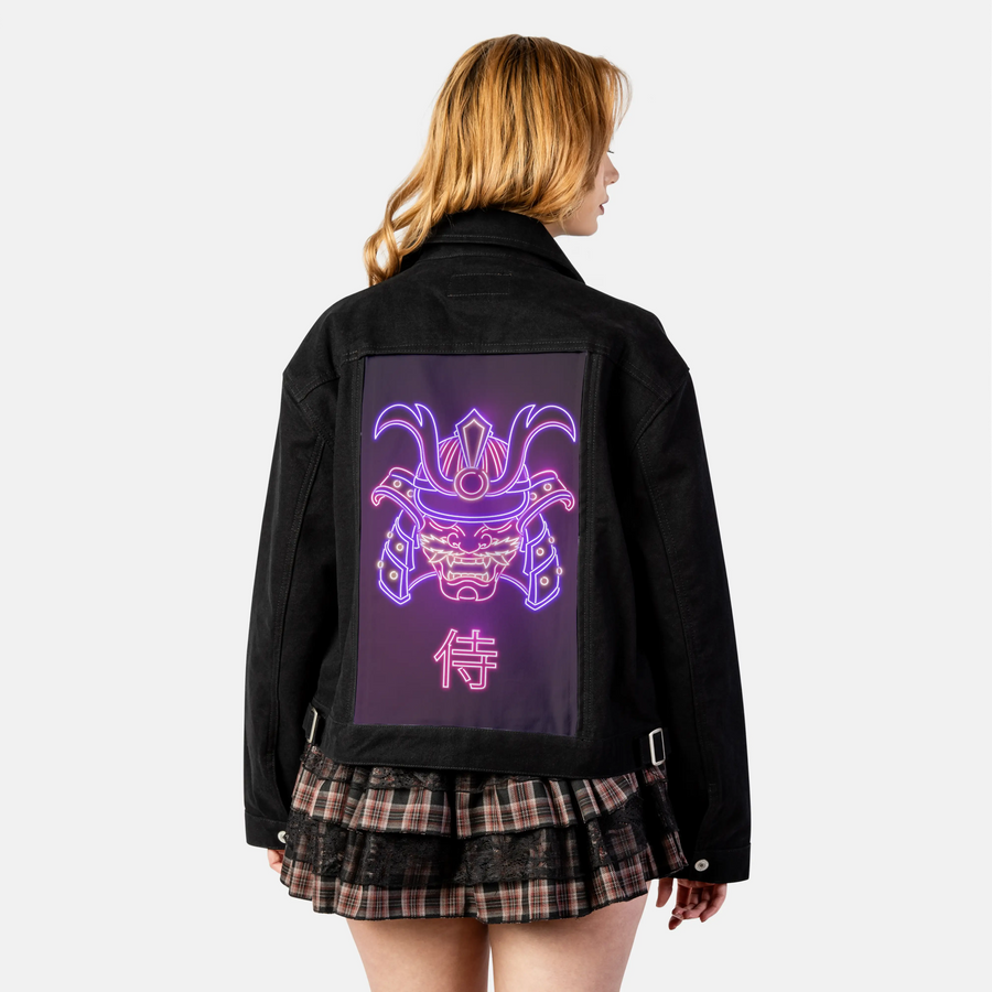 neonsamuraimask patch on female atelier canvas jacket in nightfall