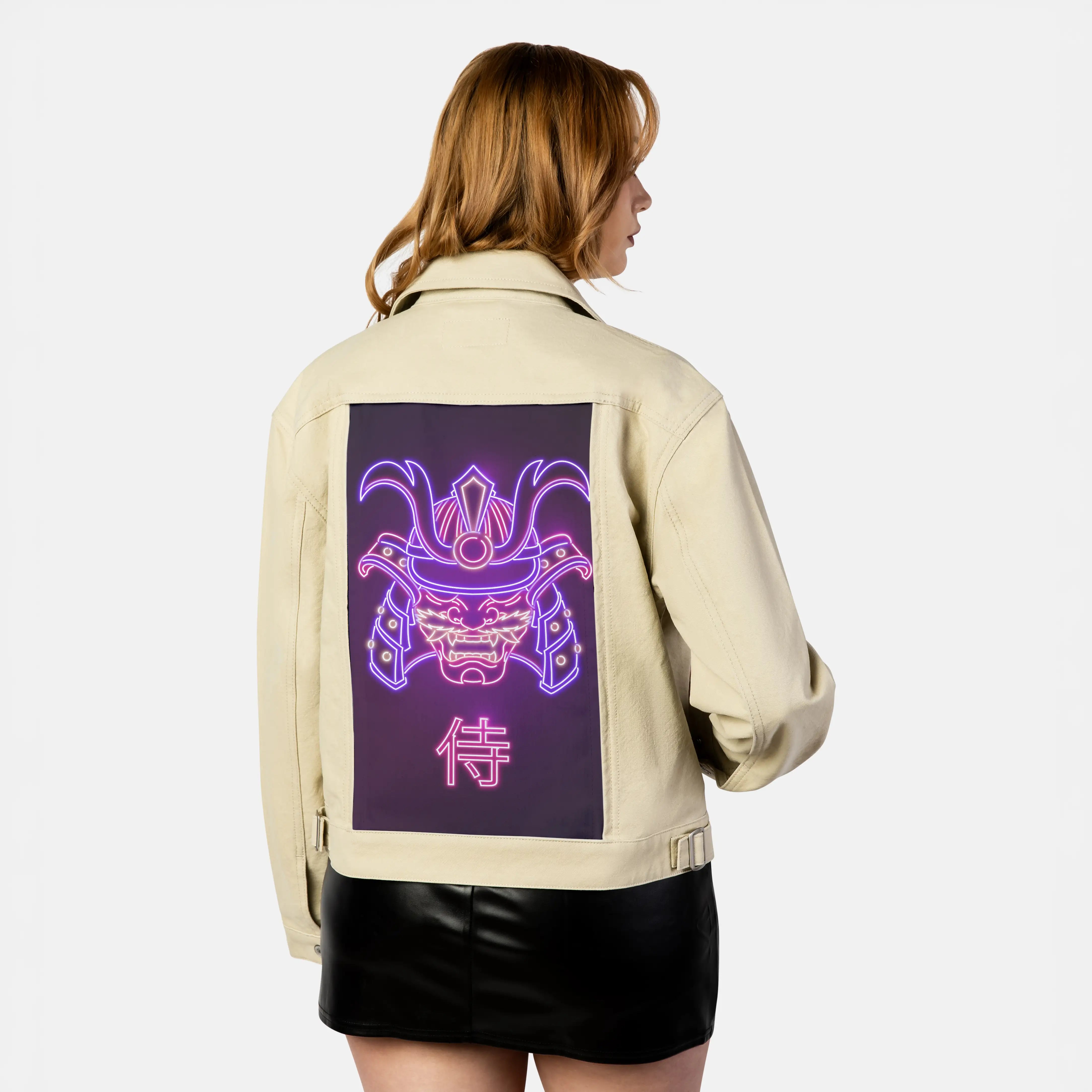 neonsamuraimask patch on female atelier canvas jacket in tan