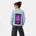 neonsamuraimask patch on female og denim jacket in oceanside
