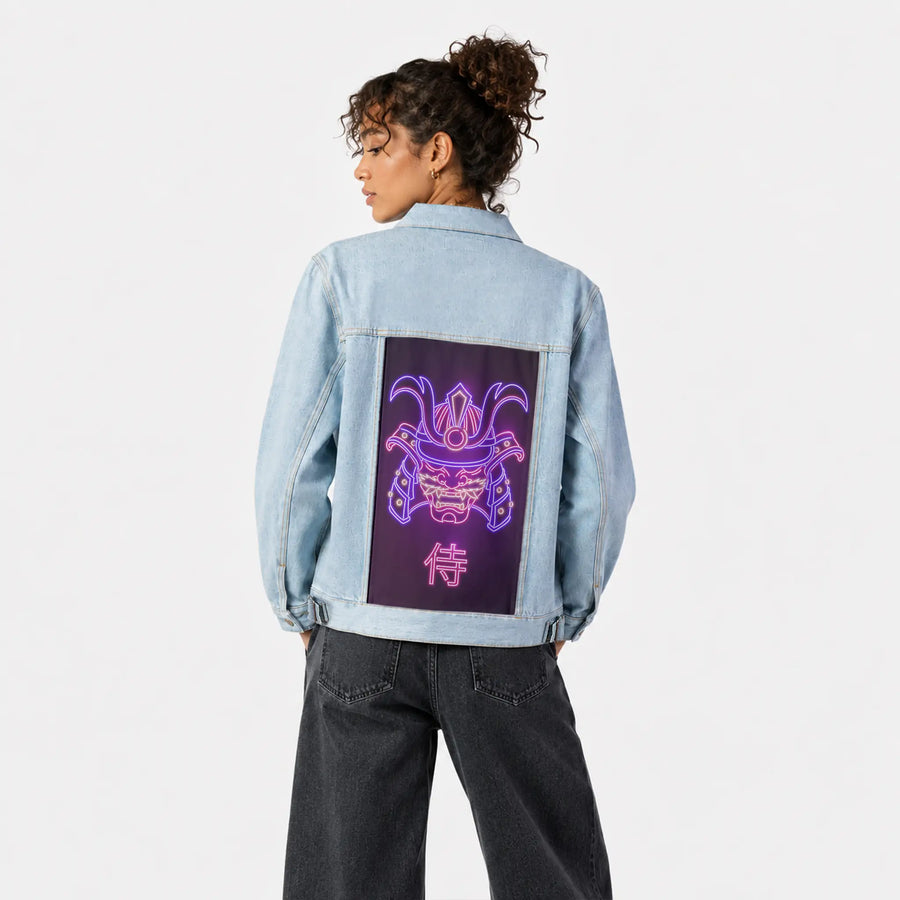 neonsamuraimask patch on female og denim jacket in oceanside