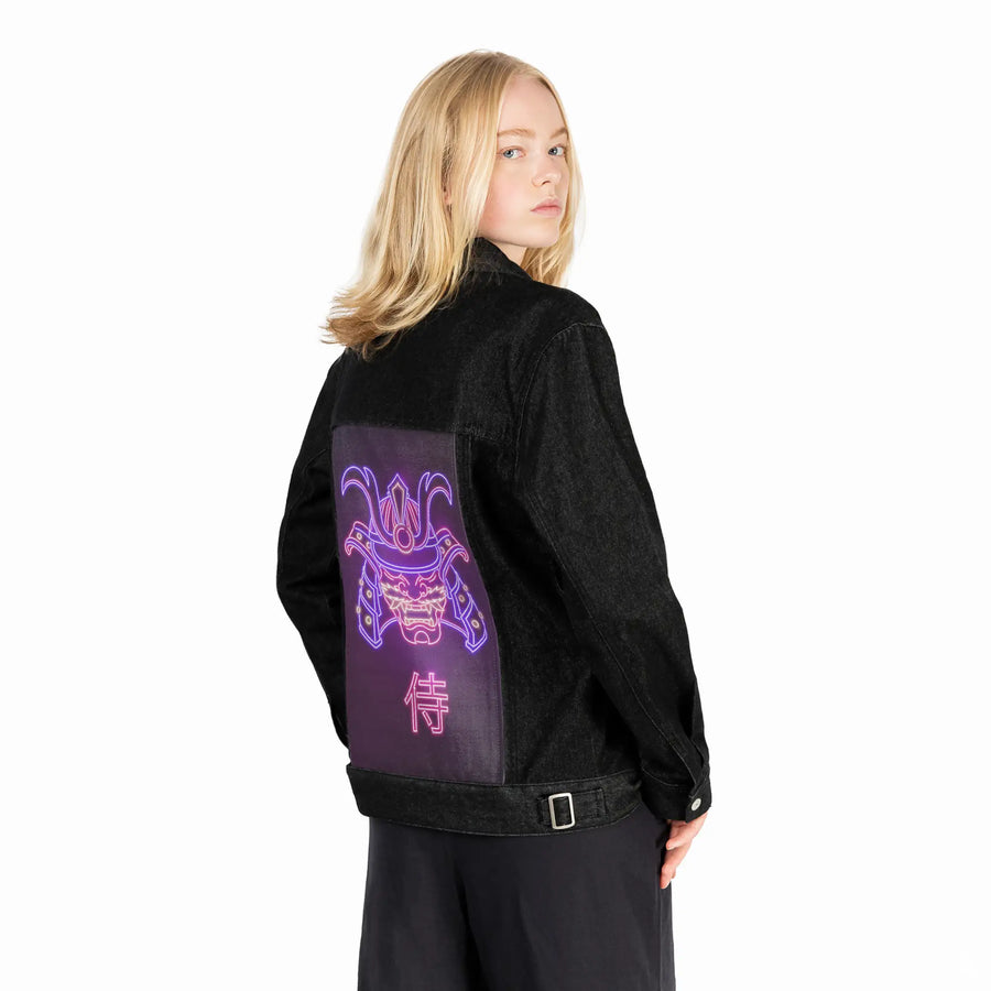 neonsamuraimask patch on female og denim jacket in raven