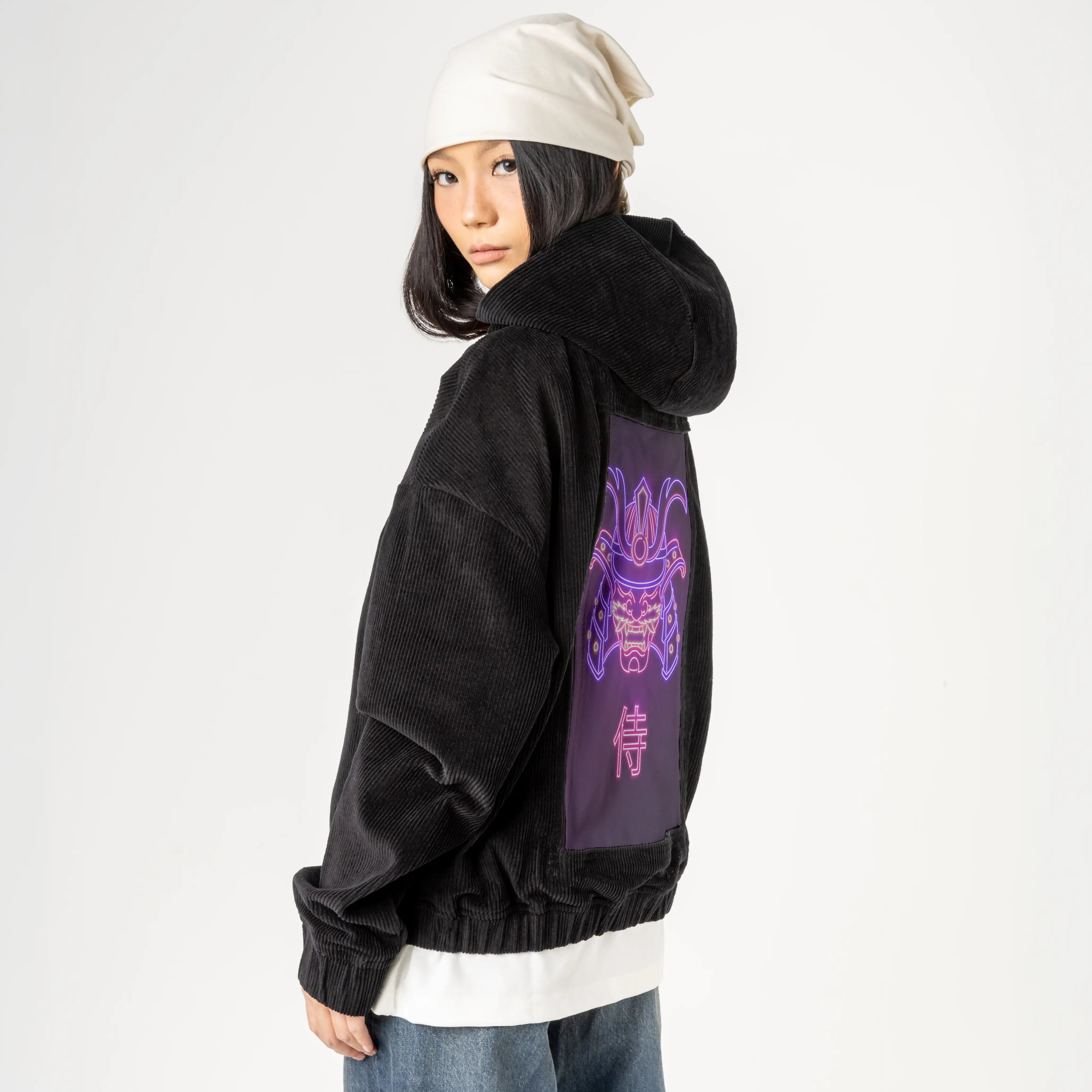 neonsamuraimask patch on female retro cord hoodie in onyx
