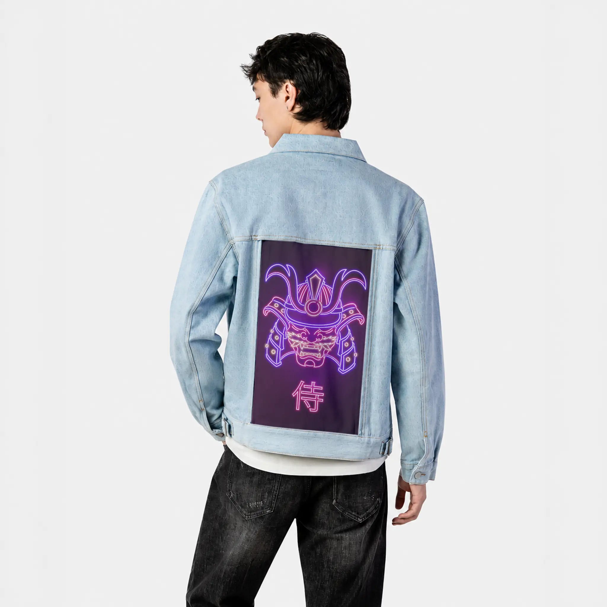 neonsamuraimask patch on male og denim jacket in oceanside