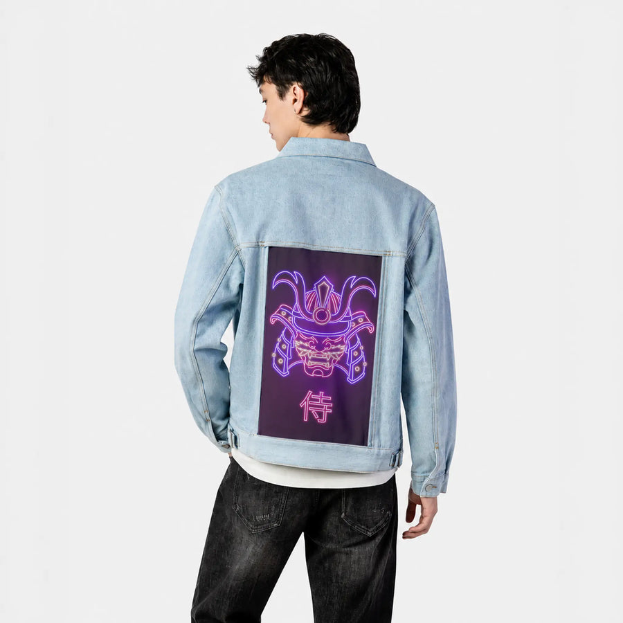 neonsamuraimask patch on male og denim jacket in oceanside