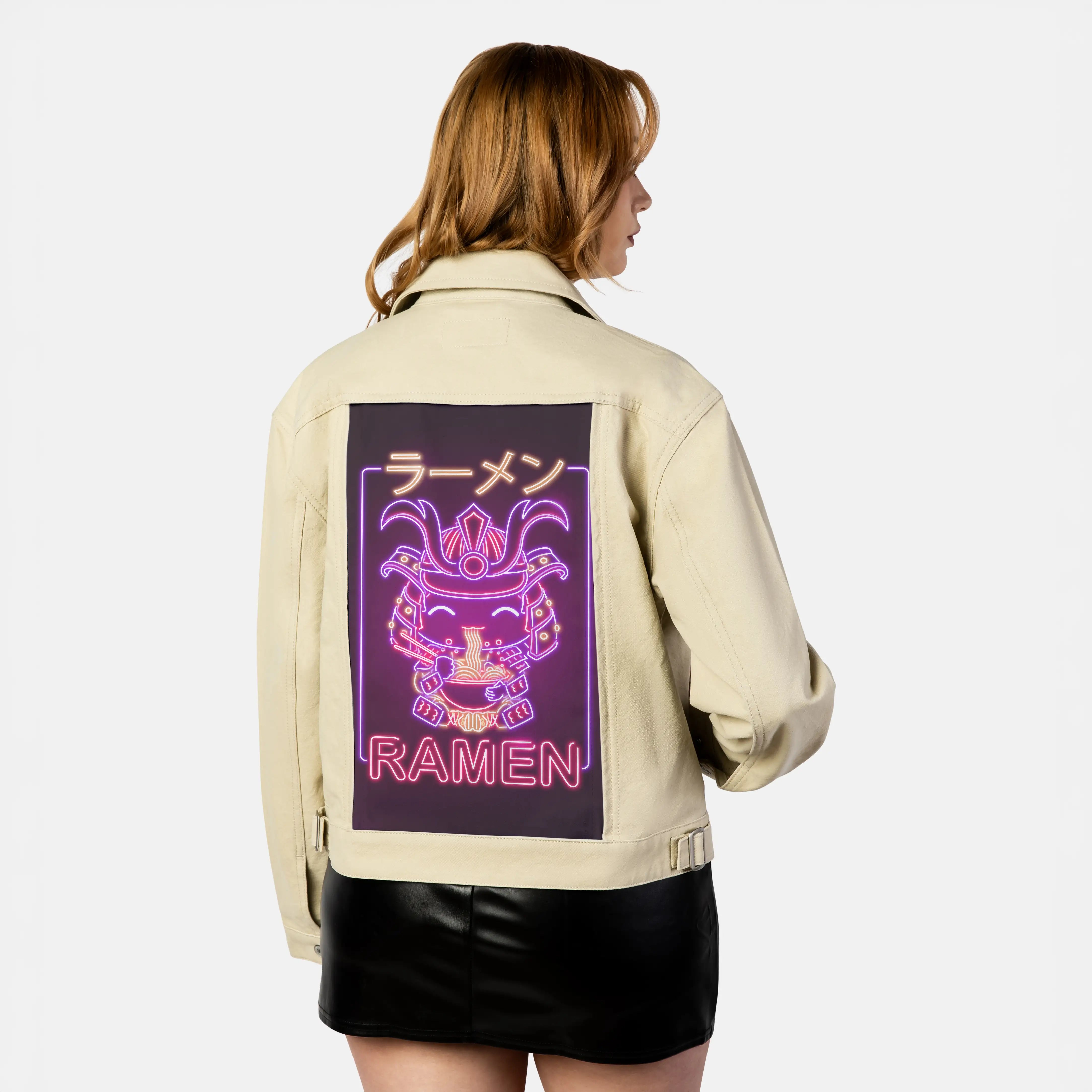 neonsamurairamen patch on female atelier canvas jacket in tan