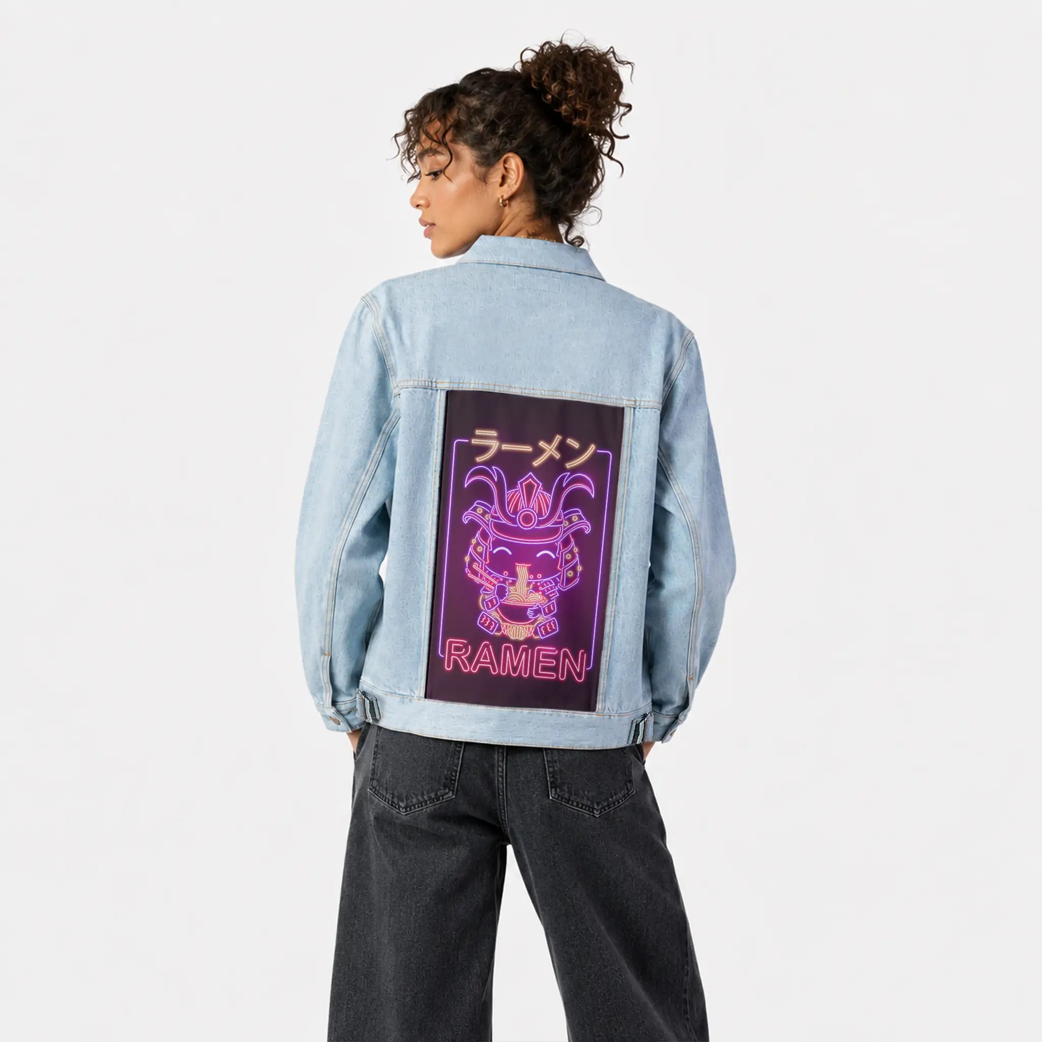 neonsamurairamen patch on female og denim jacket in oceanside