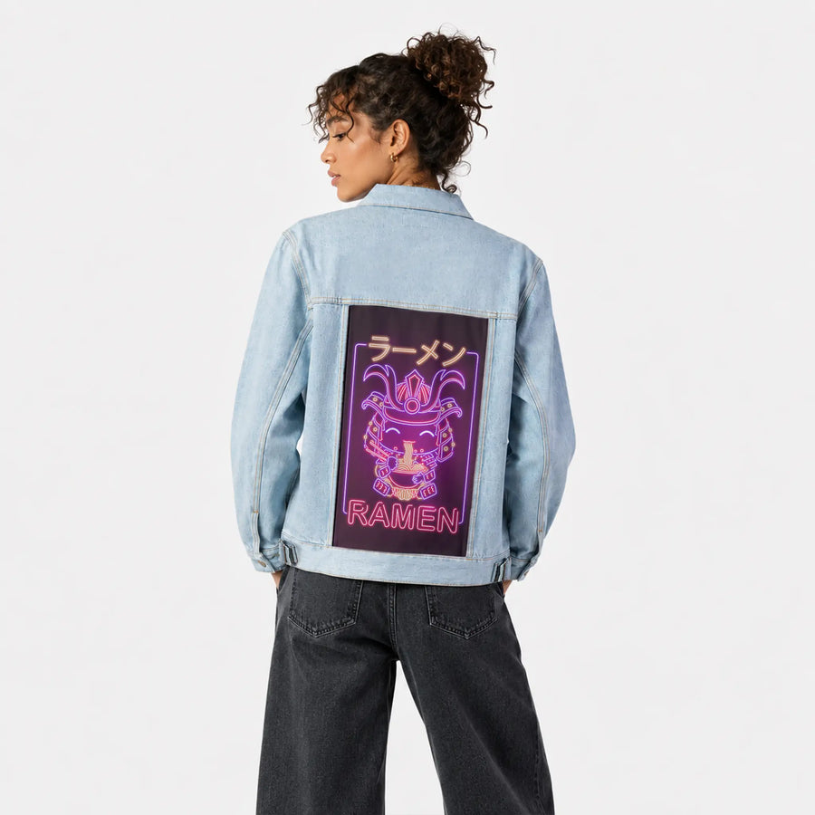 neonsamurairamen patch on female og denim jacket in oceanside