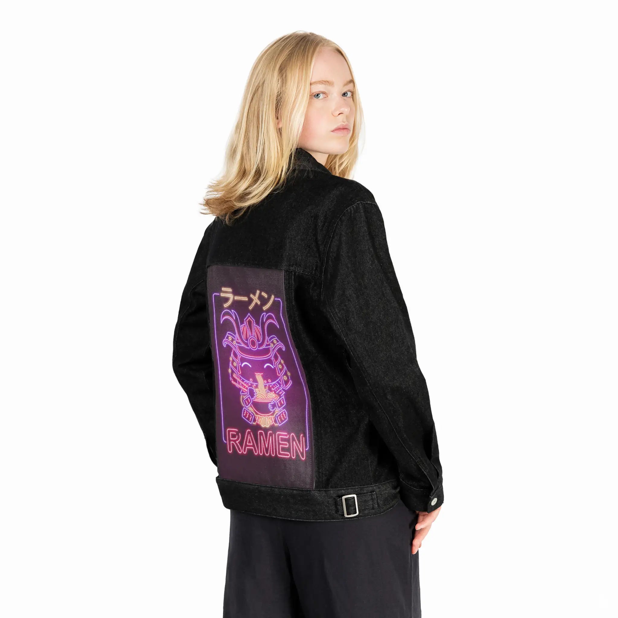 neonsamurairamen patch on female og denim jacket in raven