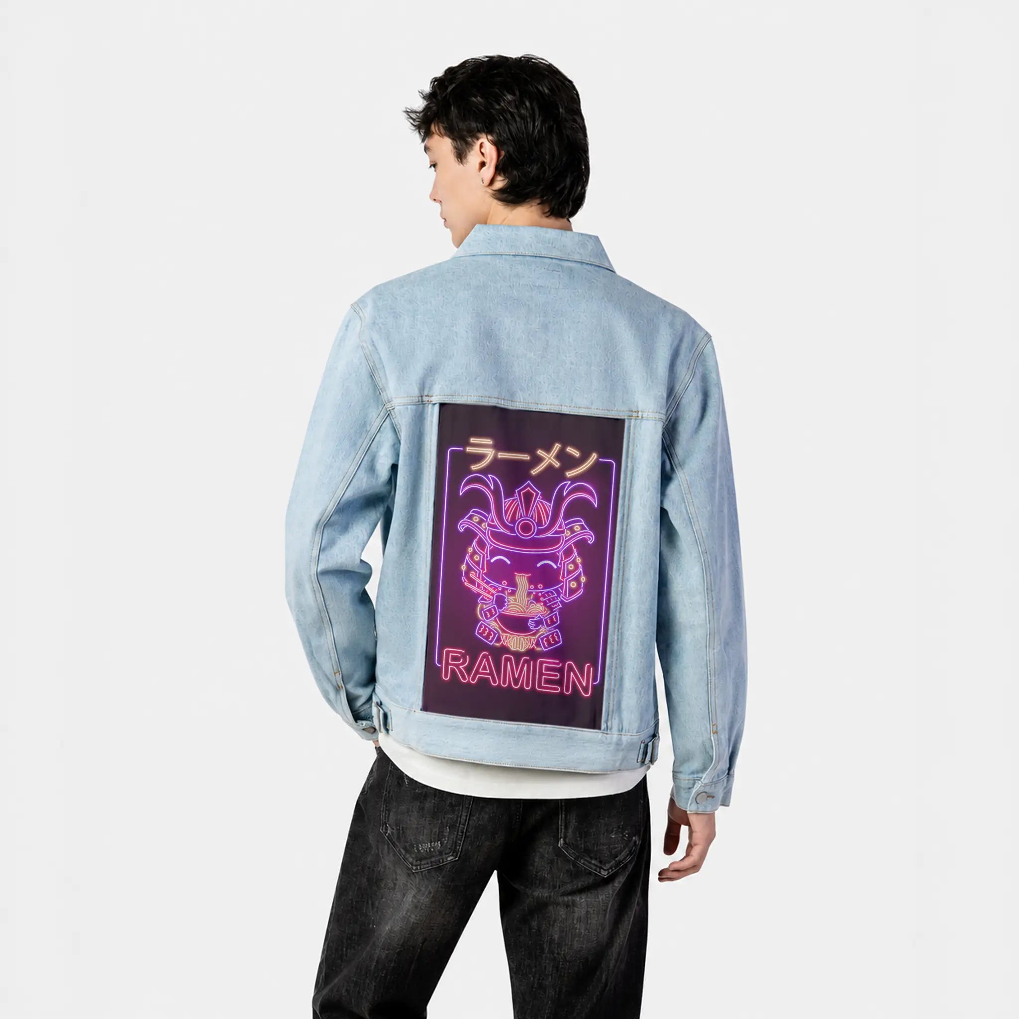 neonsamurairamen patch on male og denim jacket in oceanside