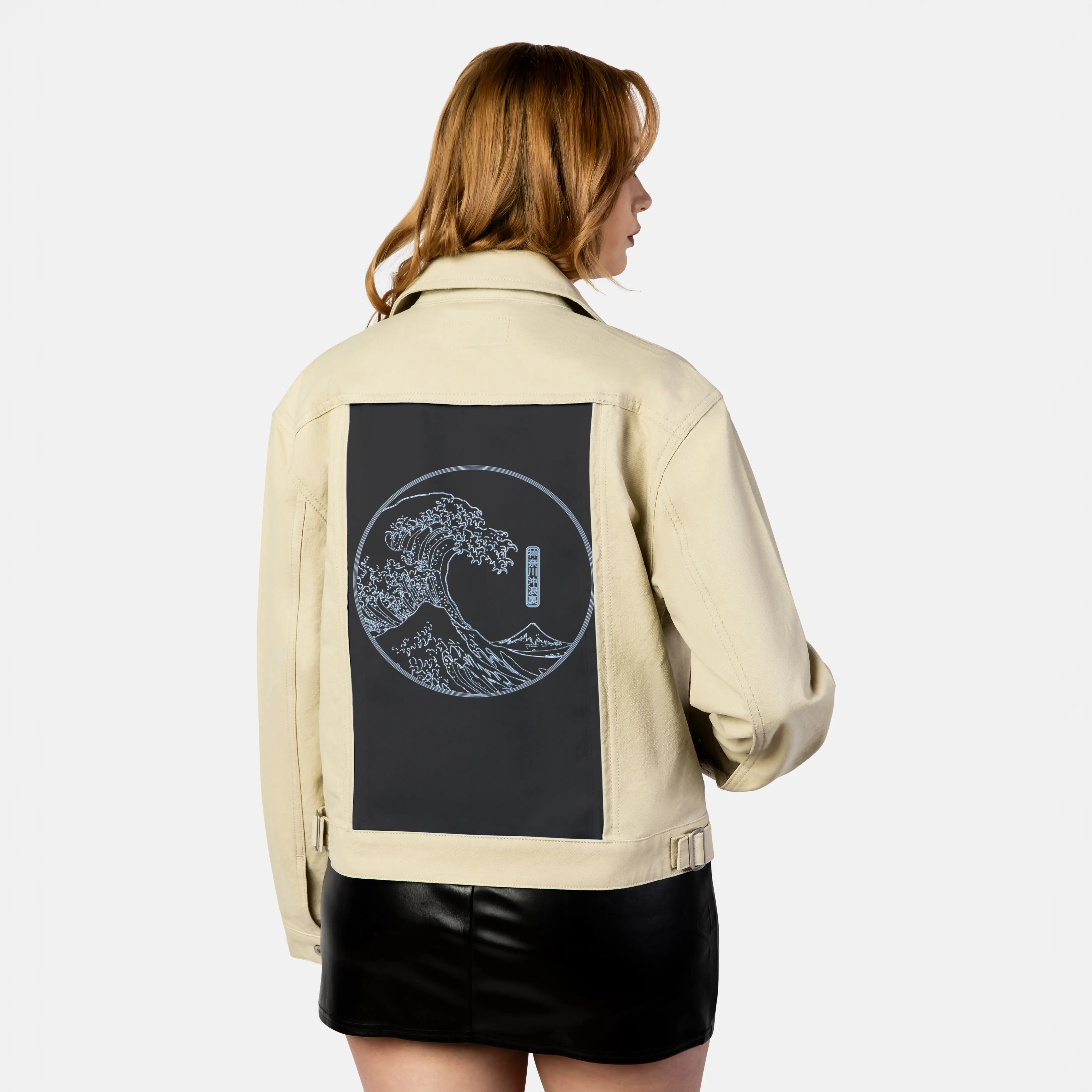 neonwave patch on female atelier canvas jacket in tan