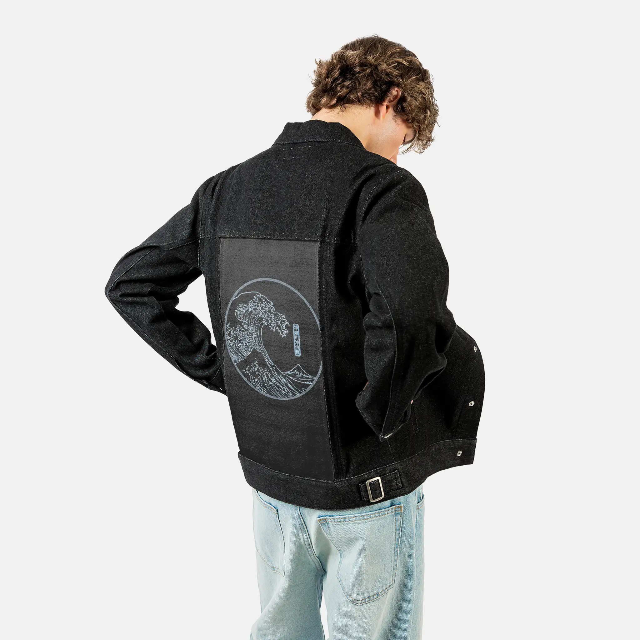 neonwave patch on male og denim jacket in raven