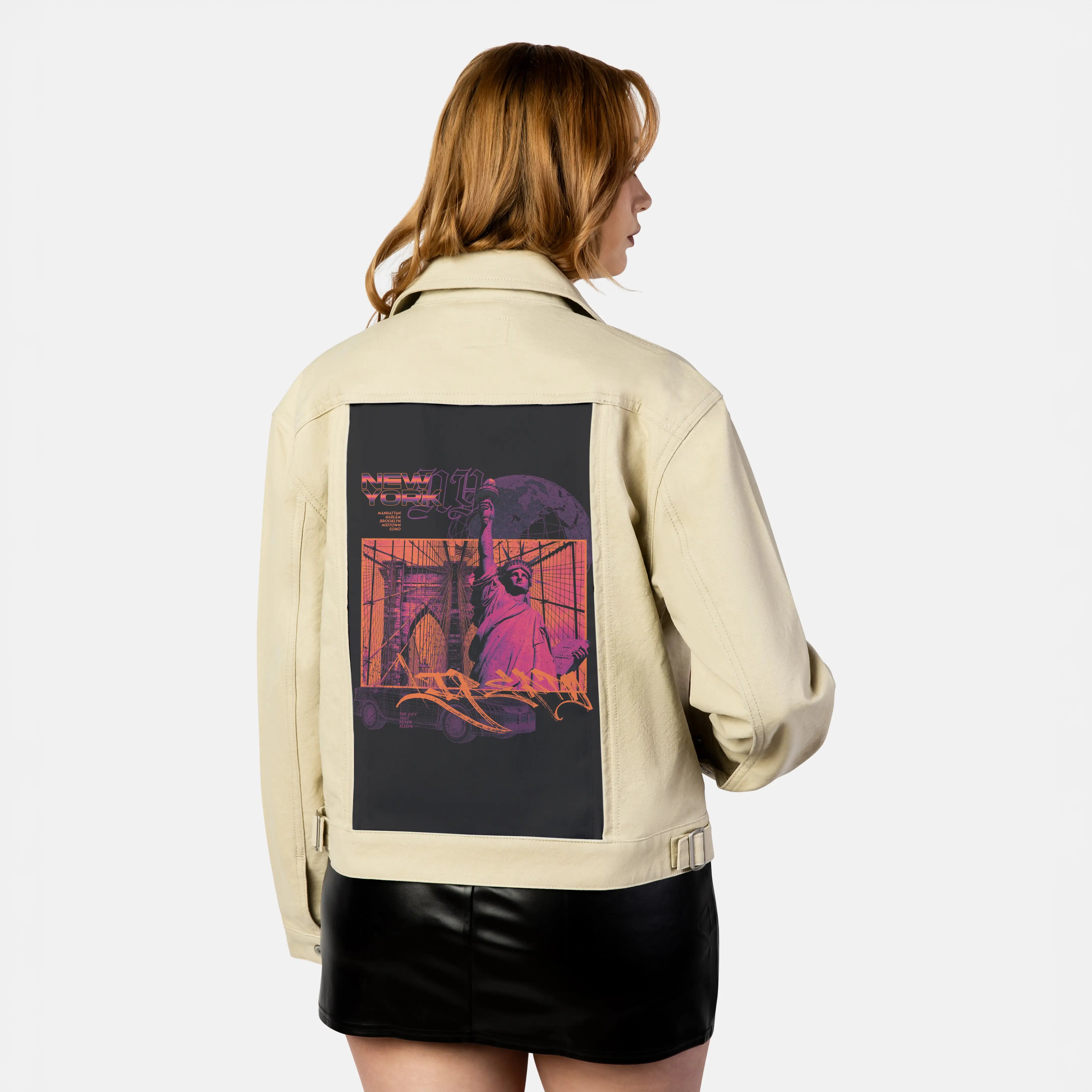 neversleeps patch on female atelier canvas jacket in tan