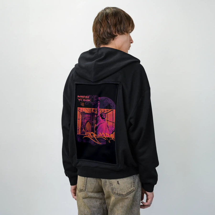neversleeps patch on male essential zip hoodie in after hours