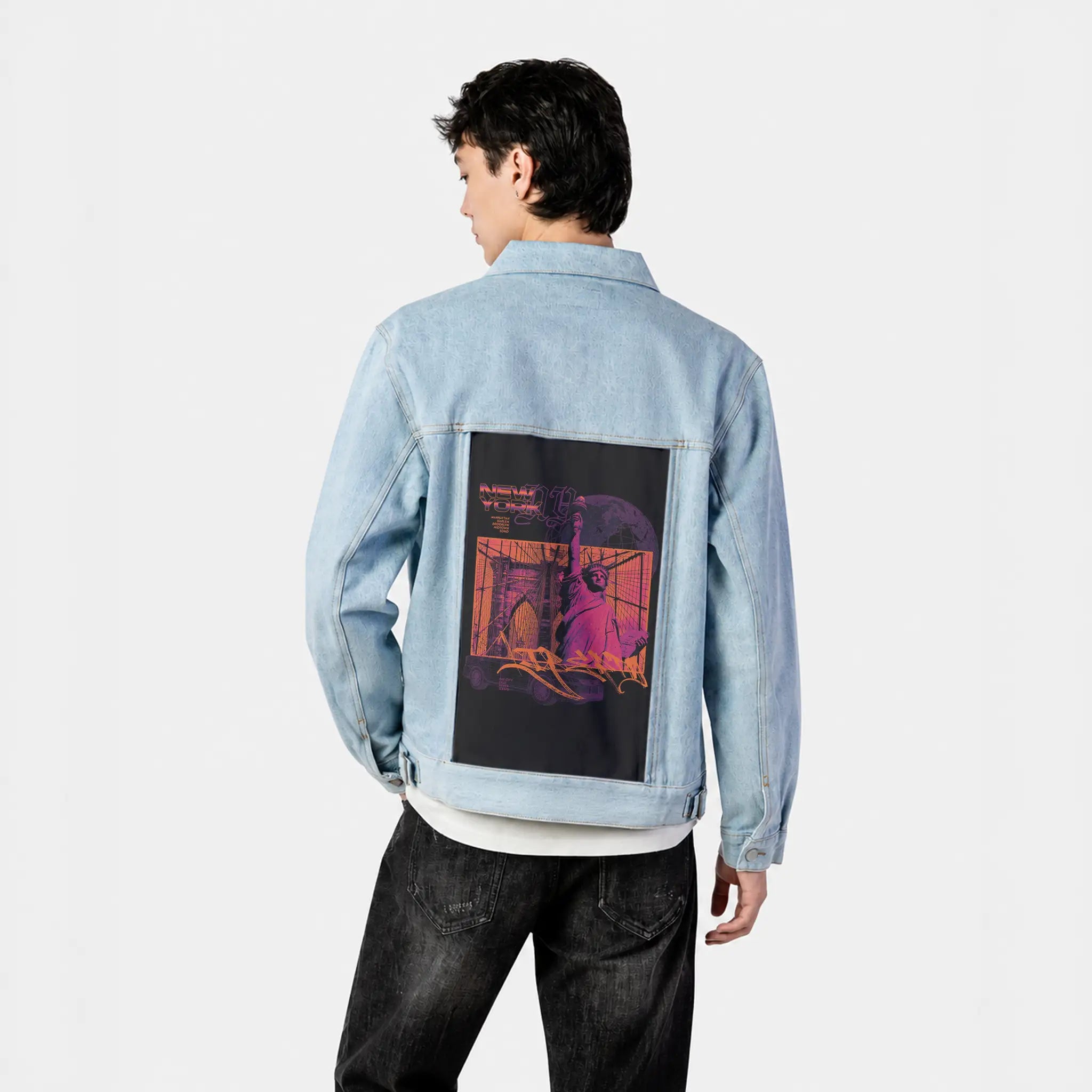 neversleeps patch on male og denim jacket in oceanside