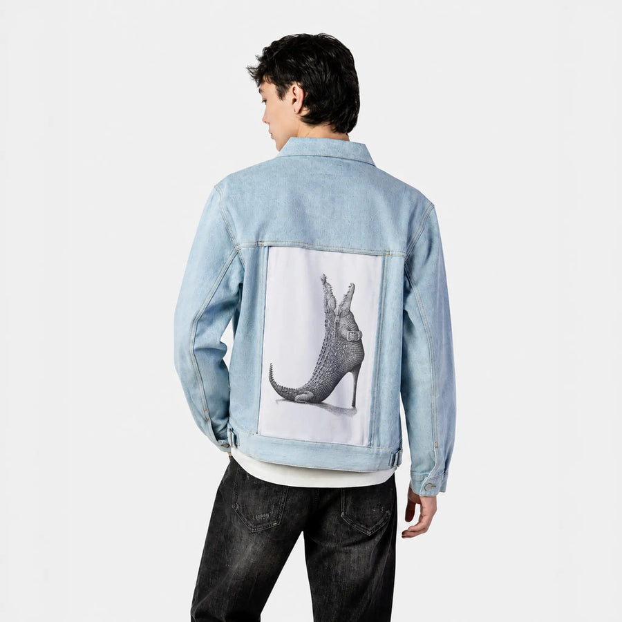 newcrocs patch on male og denim jacket in oceanside