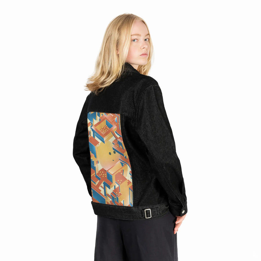 newperspectives patch on female og denim jacket in raven