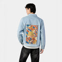 newperspectives patch on male og denim jacket in oceanside