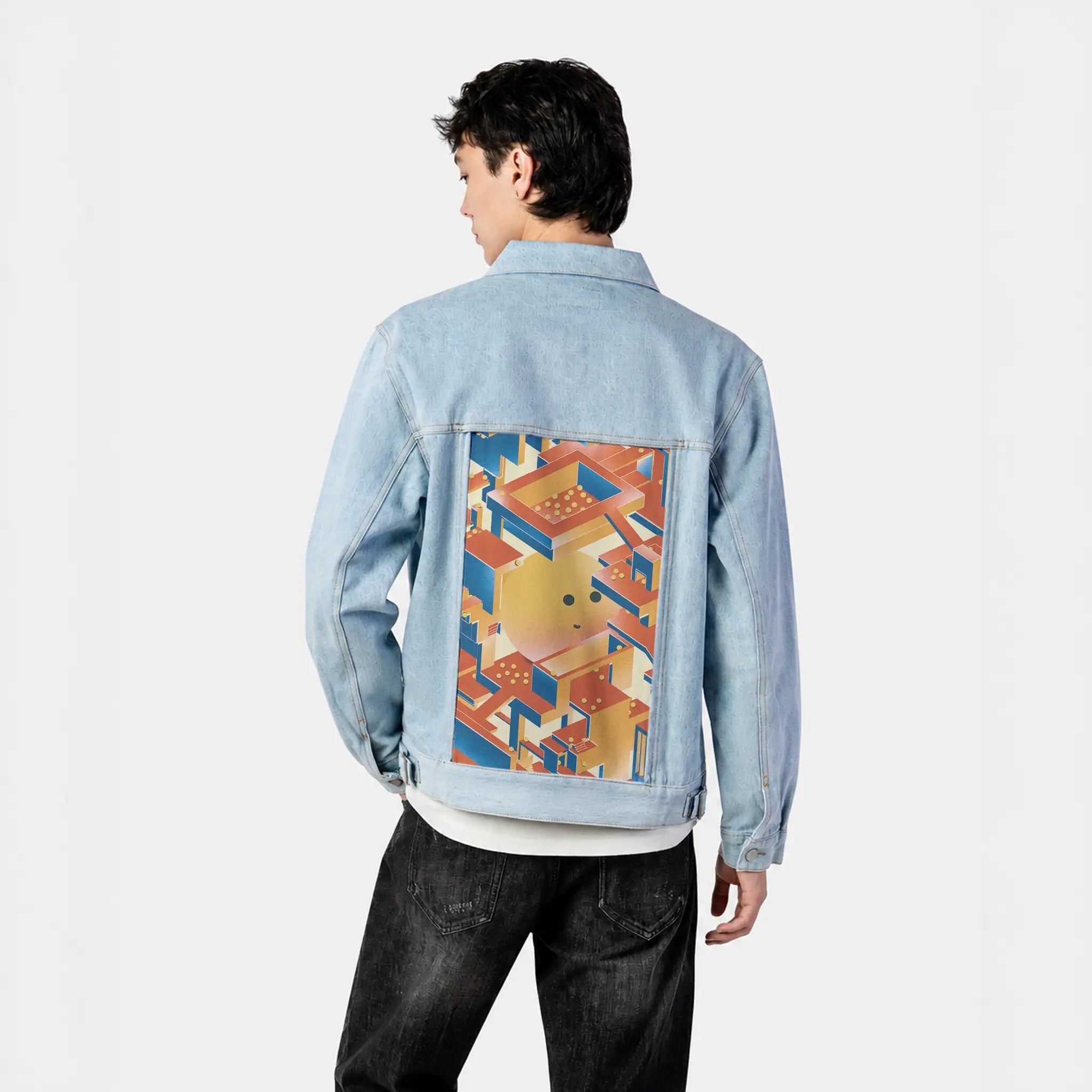 newperspectives patch on male og denim jacket in oceanside