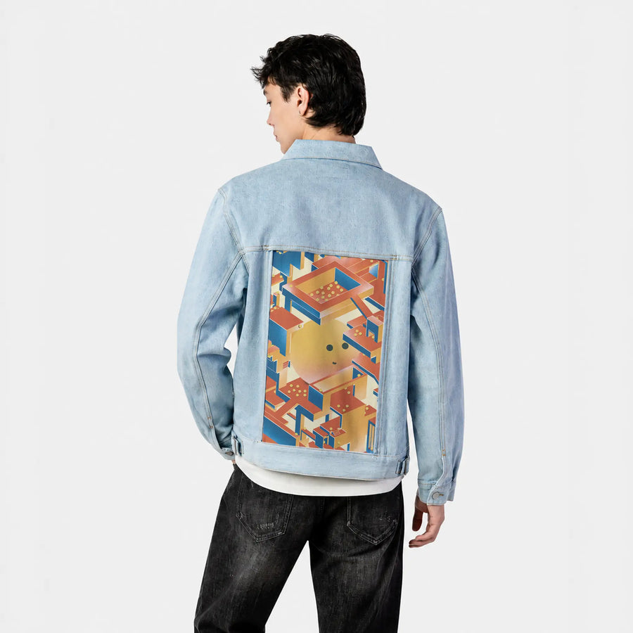 newperspectives patch on male og denim jacket in oceanside