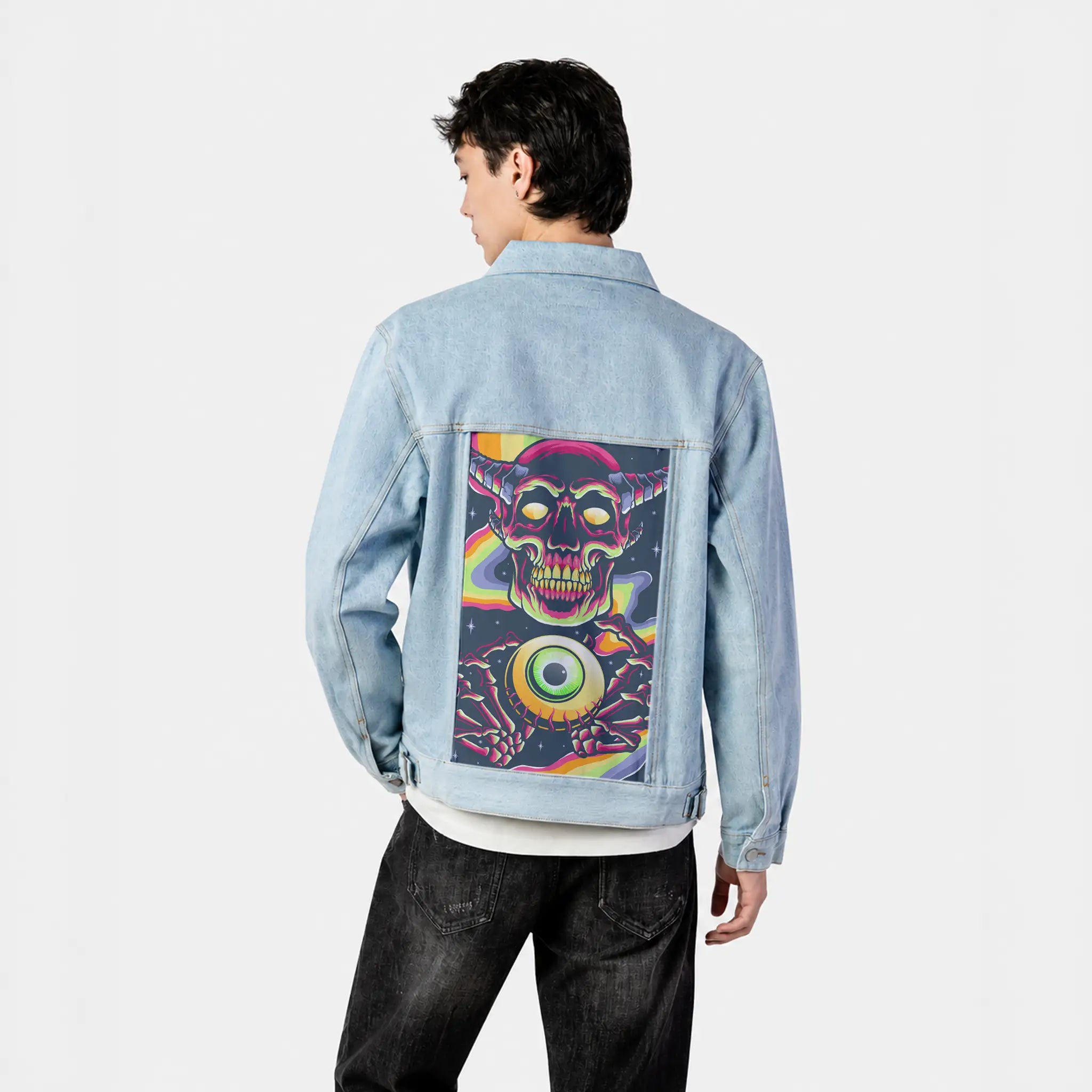 nightmare patch on male og denim jacket in oceanside