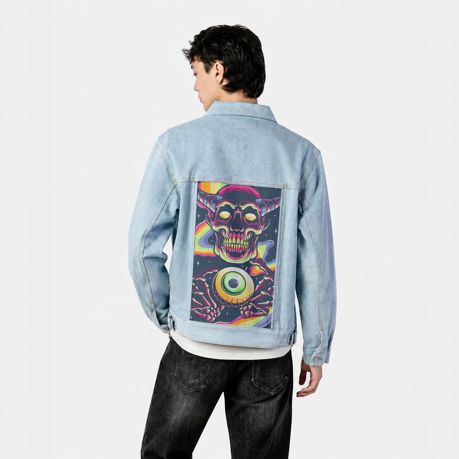 nightmare patch on male og denim jacket in oceanside