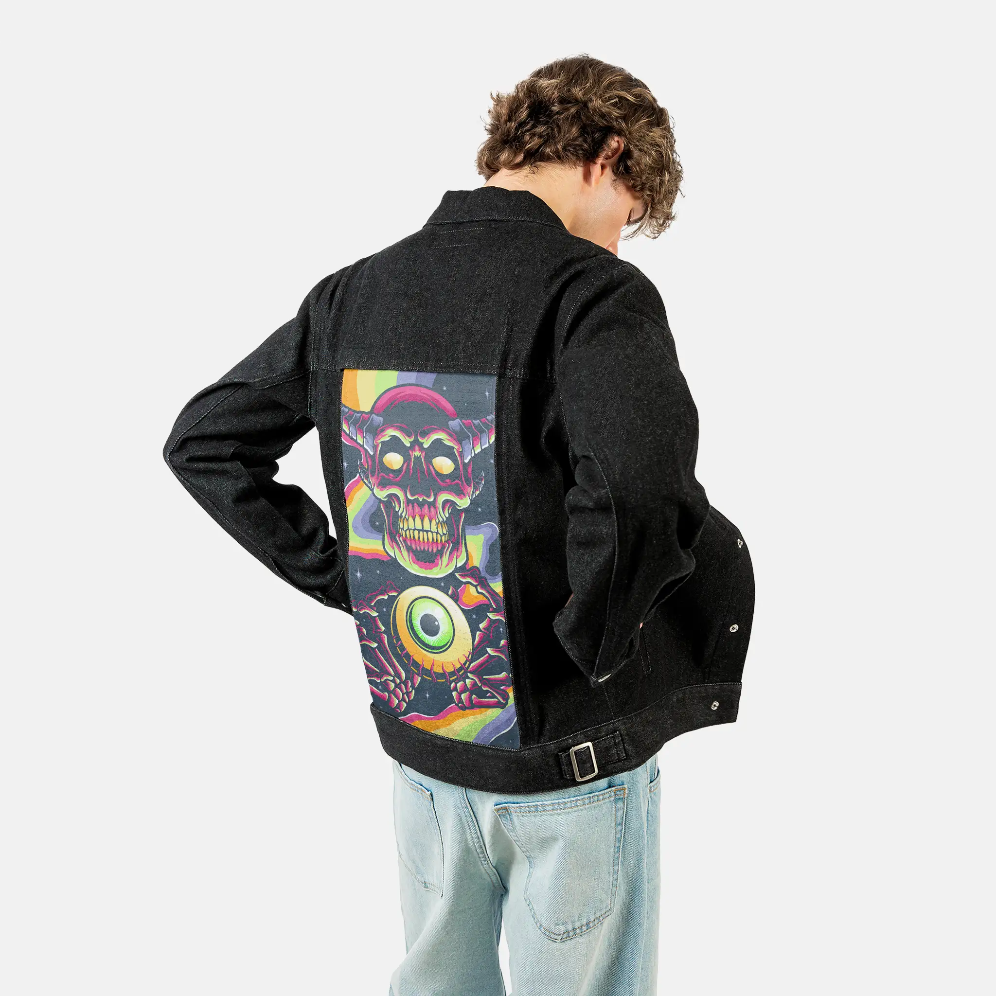 nightmare patch on male og denim jacket in raven