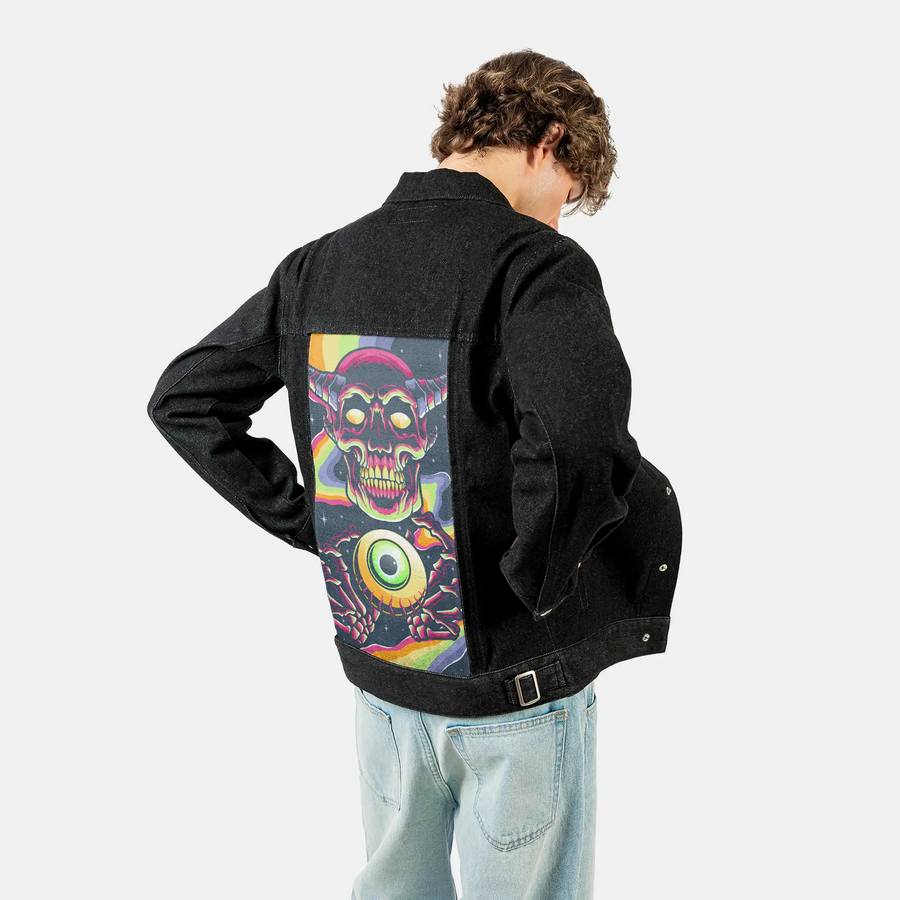 nightmare patch on male og denim jacket in raven