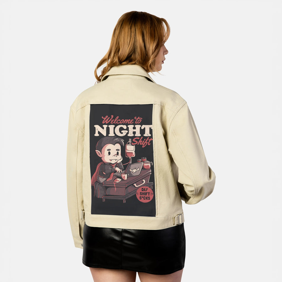nightshift patch on female atelier canvas jacket in tan