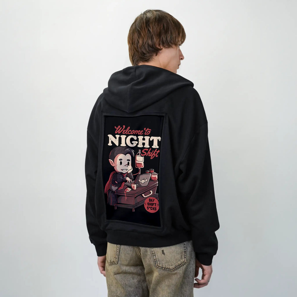 nightshift patch on male essential zip hoodie in after hours