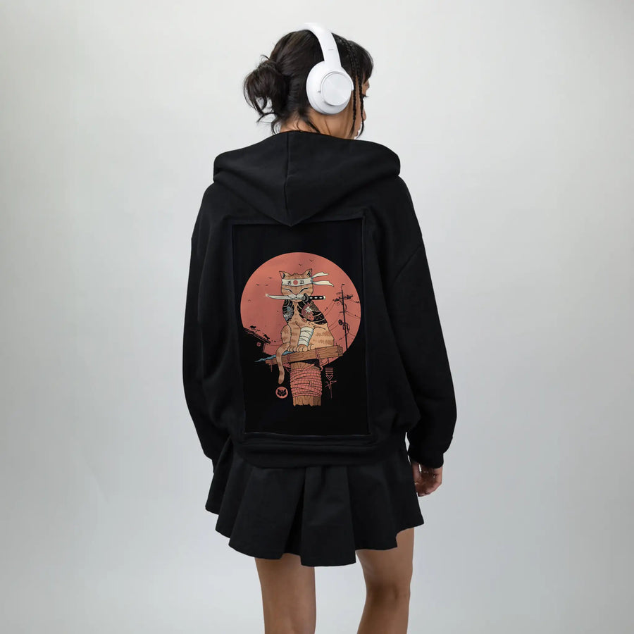 ninjameowster patch on female essential zip hoodie in after hours