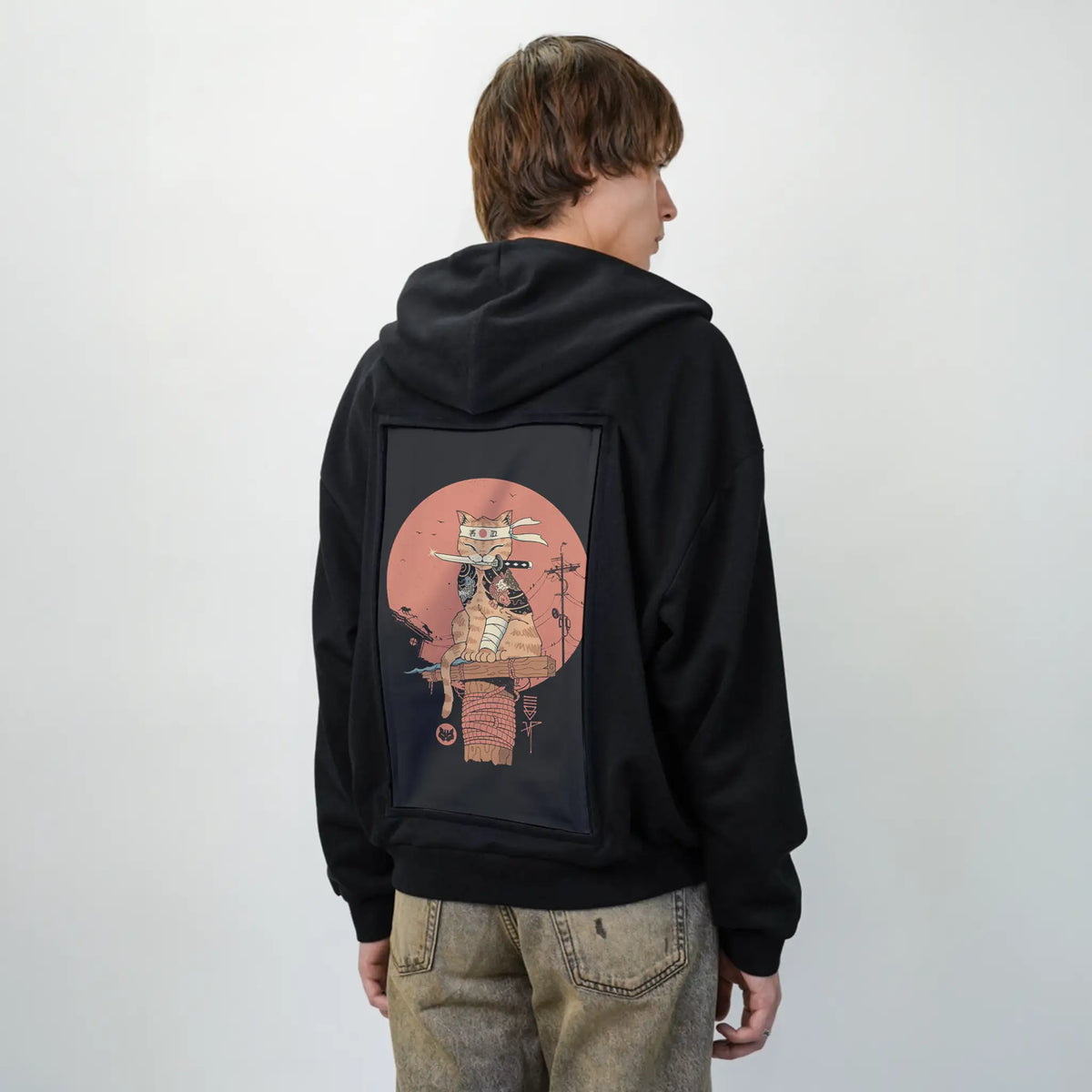 ninjameowster patch on male essential zip hoodie in after hours
