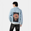 ninjameowster patch on male og denim jacket in oceanside