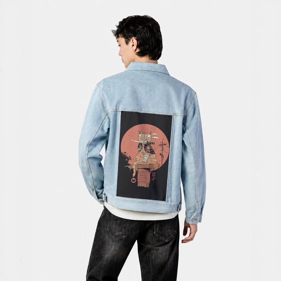 ninjameowster patch on male og denim jacket in oceanside