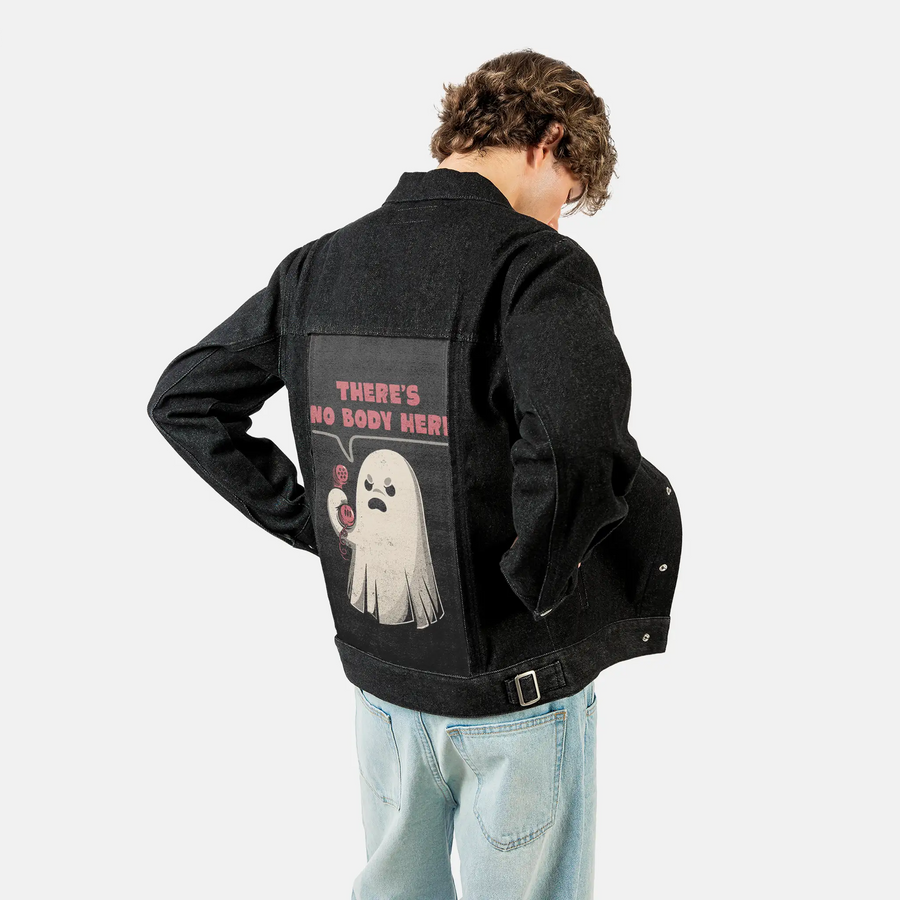 nobodyhere patch on male og denim jacket in raven