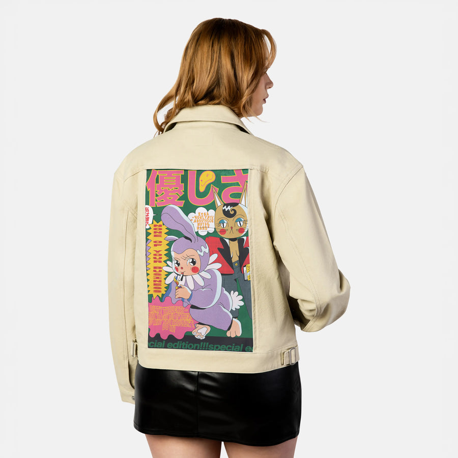 noneofyourbusiness patch on female atelier canvas jacket in tan